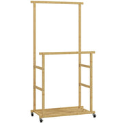 STENDER APPENDIABITI CON 2 BARRE, RIPIANO INFERIORE E 4 RUOTE IN BAMB¨, 80X40X160 CM, LEGNO NATURALE