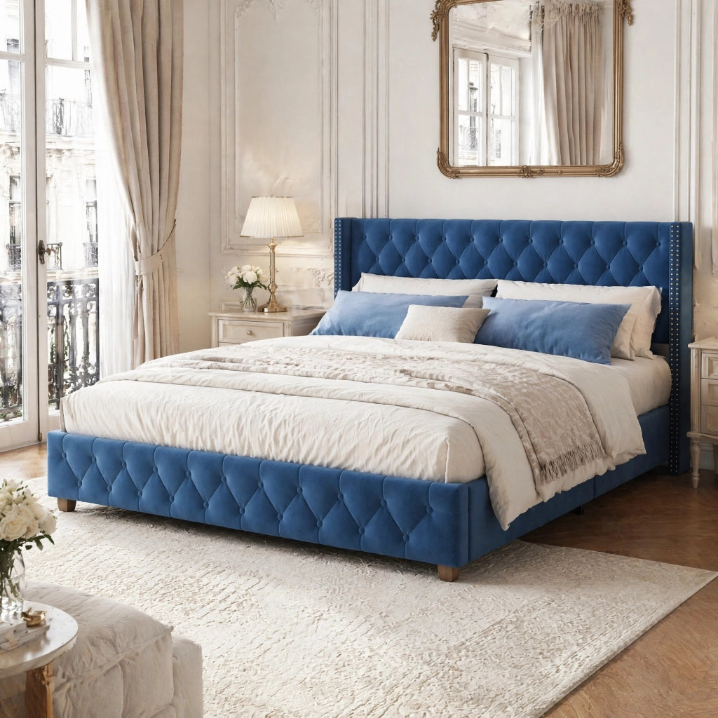 Letto imbottito 160x200 cm in velluto blu con testiera trapuntata e rete a doghe