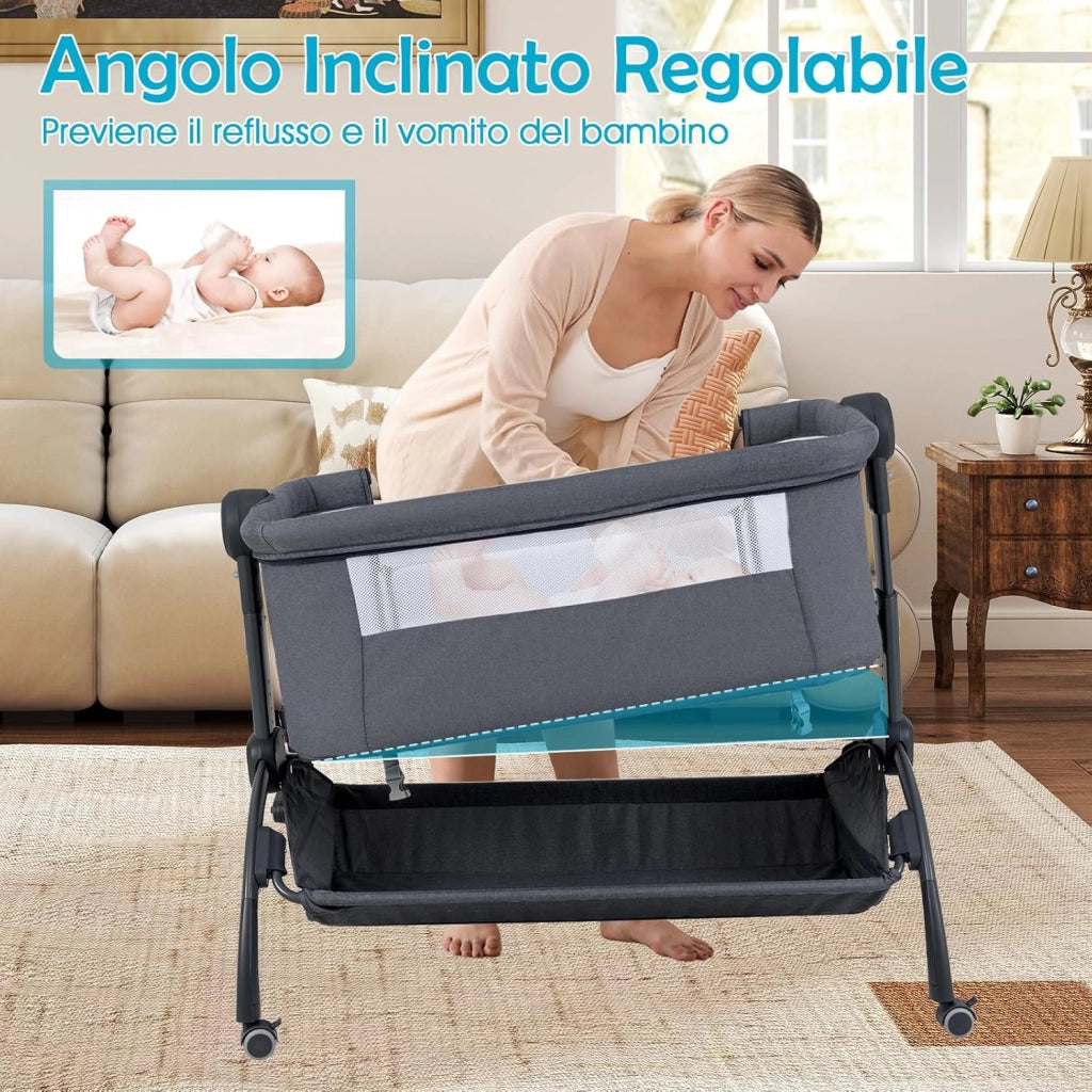 Culla Neonato, Culla Co-Sleeper Regolabile in Altezza a 7 Livelli, Ruote Bloccabili, Cesto Portaoggetti, Materasso e Baldacchino, Lettino Portatile e Pieghevole per Neonati 0-6 Mesi (Grigio)