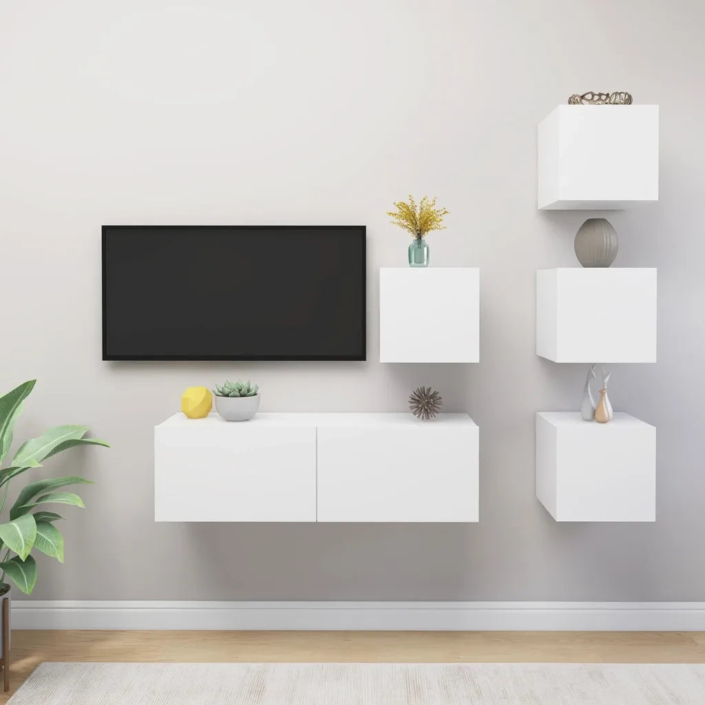 Set Mobili Porta TV 5 pz-Set di 5 Credenza per TV Bianco in Legno Multistrato