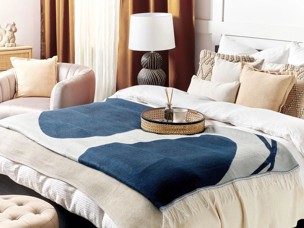 Coperta in acrilico e poliestere blu e grigio chiaro 130 x 170 cm motivo astratto nappe boho soggiorno camera da letto