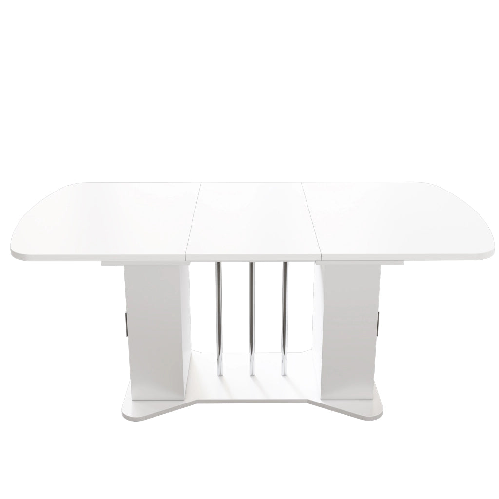 Tavolo da pranzo allungabile 120/160 x 80 cm in MDF, bianco, con gambe effetto argentato e vano portaoggetti