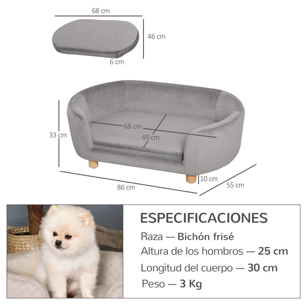 Divano per cani piccoli con gambe in legno, cuscini removibili - Xylo - 86x55x33 cm grigio chiaro