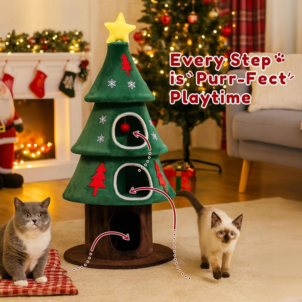 COMHOAM Tiragraffi alto 135 cm, design albero di Natale a più piani con casetta per gatti, con colonna tiragraffi, palla da gioco, albero da arrampicata stabile per gatti, verde