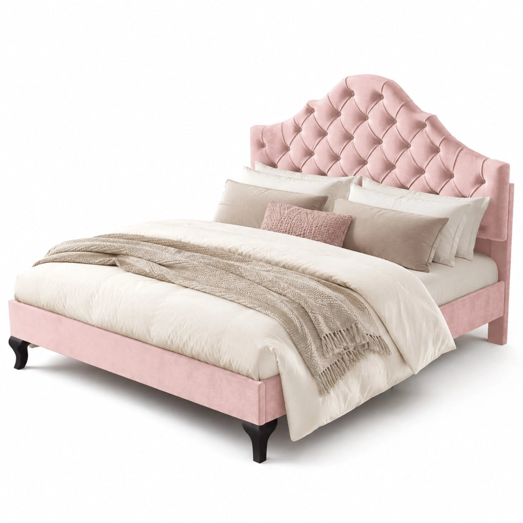 Letto imbottito 140x200 cm in velluto rosa con rete a doghe e testiera regolabile
