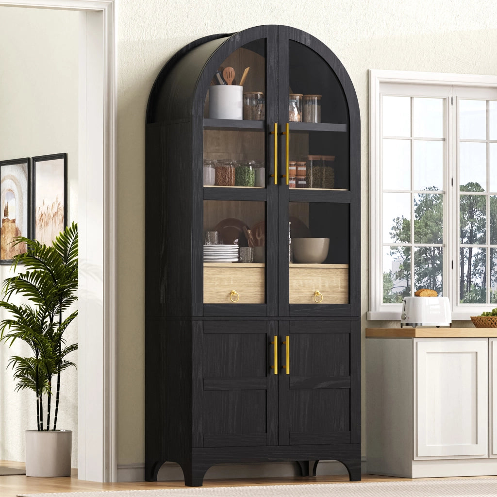 Credenza Alta Nera 180 cm con Ante in Vetro Cannelé; Ripiani Regolabili e Cassetto Portaoggetti per Cucina