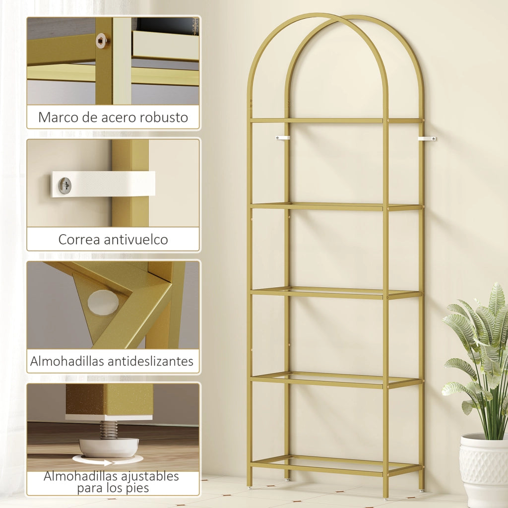 Libreria 5 Livelli in Vetro ¨C Zephmum ¨C 60x30x175 cm Dorato