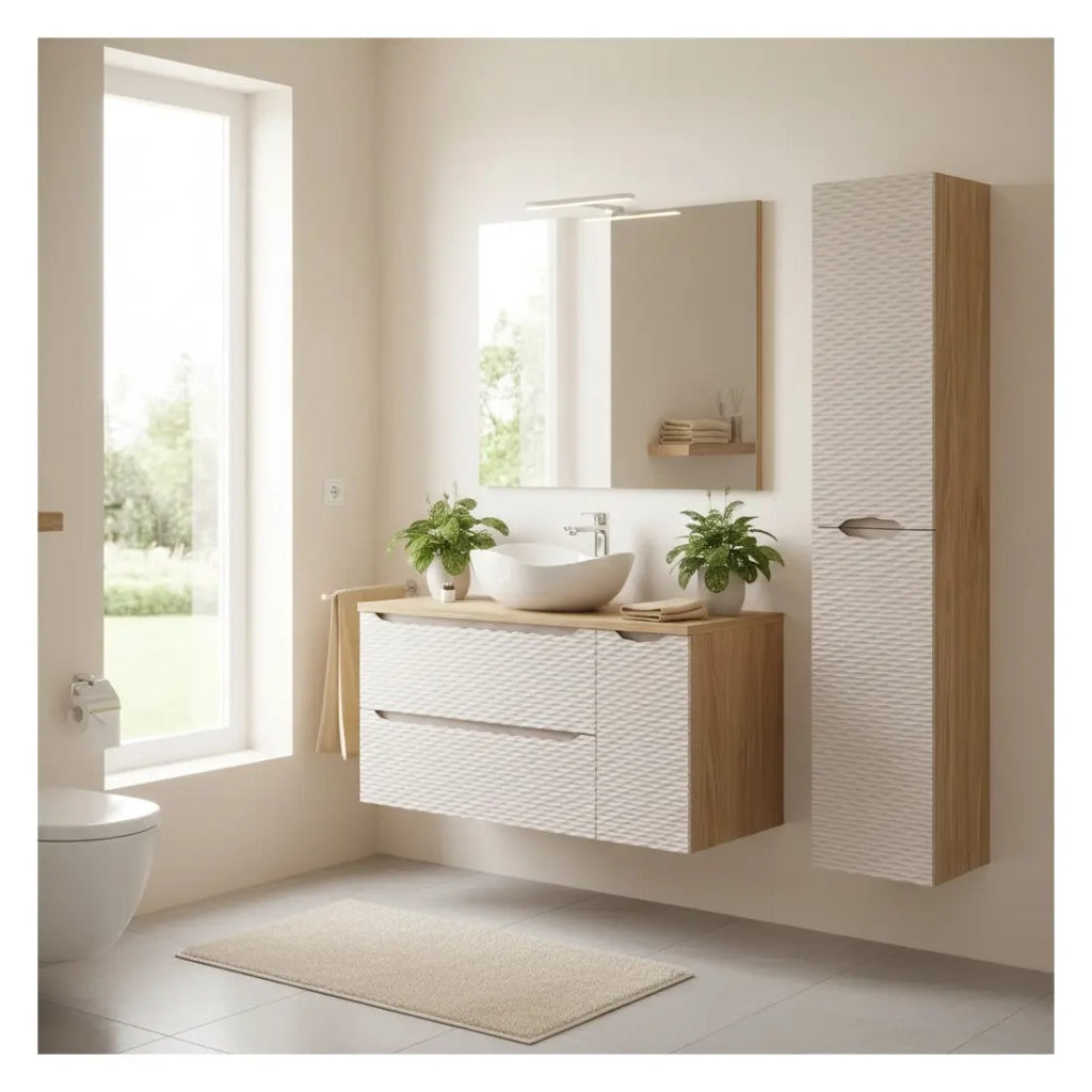 Set da bagno YOKA beige: mobile sotto lavabo 120 cm + piano lavabo + lavabo da appoggio + colonna contenitore