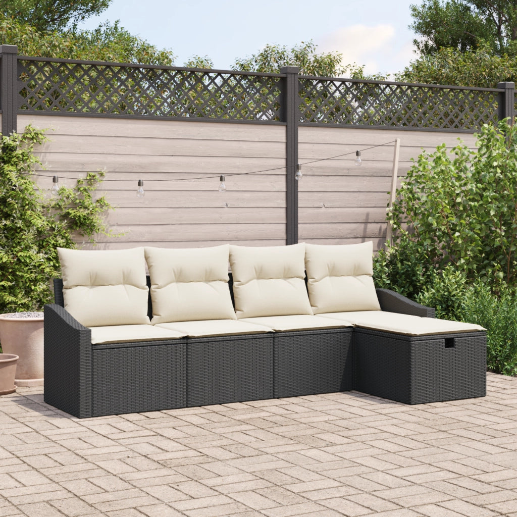 Set di divani da giardino 5 pezzi con cuscini Nero Polyrattan