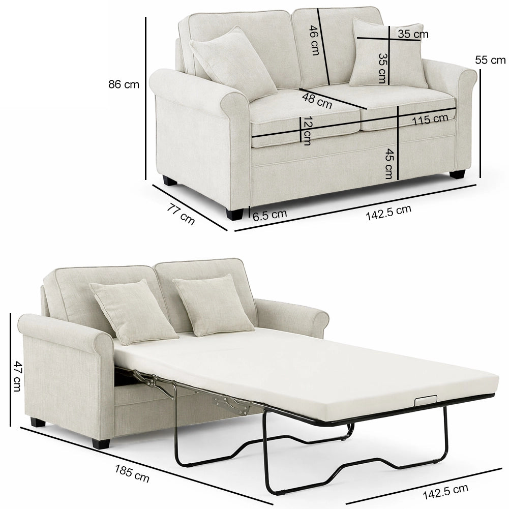 Divano Letto a 2 Posti Beige con Cuscino Memory Ergonomico con Apertura Facile