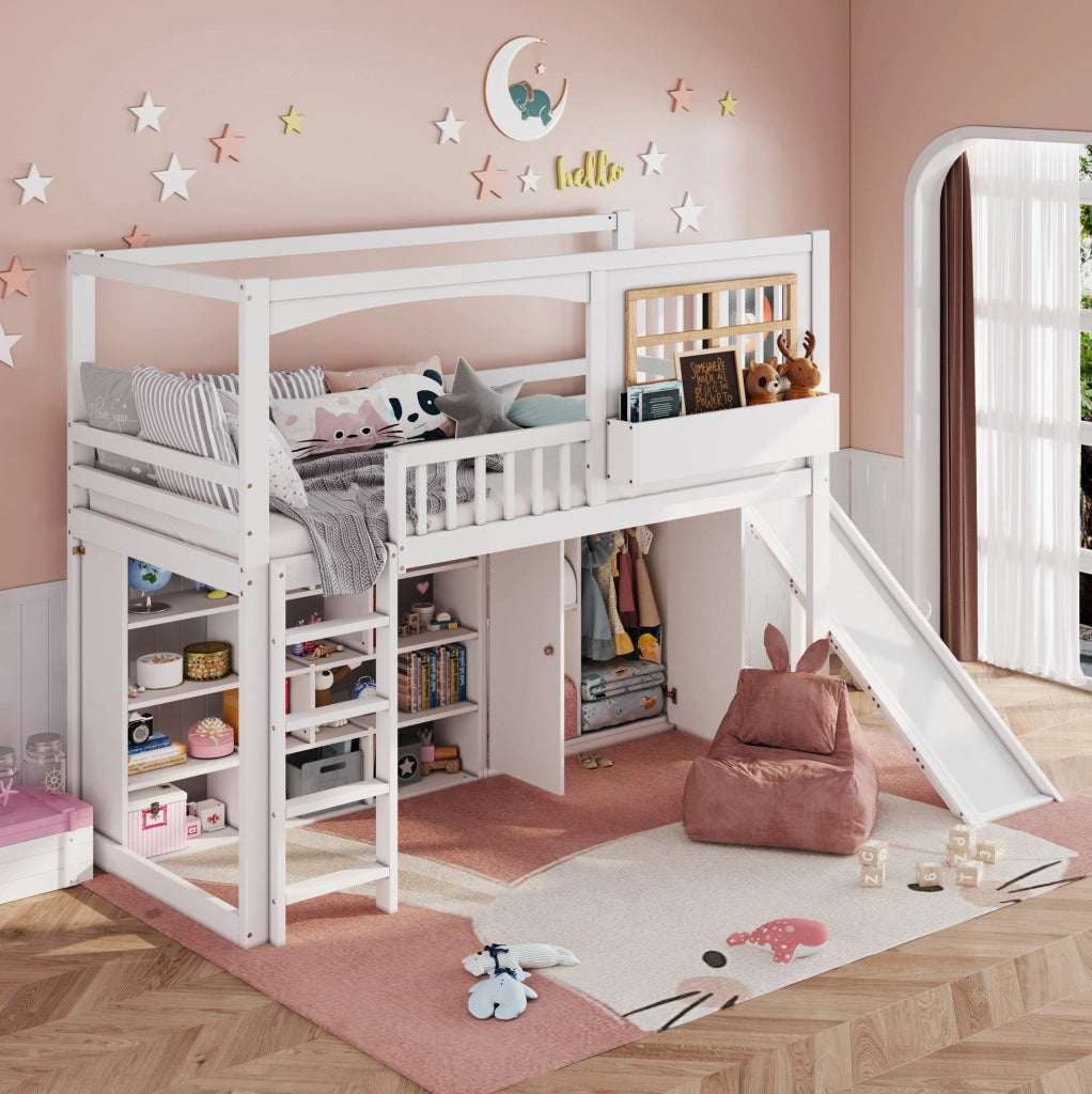 Letto a castello per bambini con scivolo, armadio e scaffali 90x200 cm