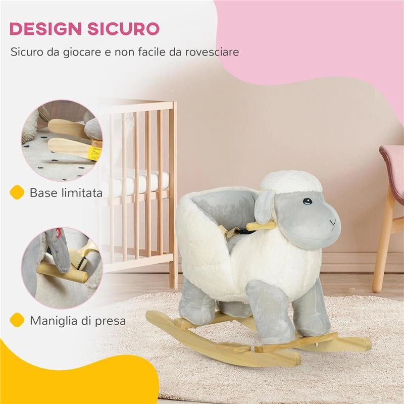 CAVALLO A DONDOLO PER BAMBINI 1-3 ANNI A FORMA DI PECORELLA CON SUONI E RIVESTIMENTO MORBIDO 68X35X55 CM GRIGIO