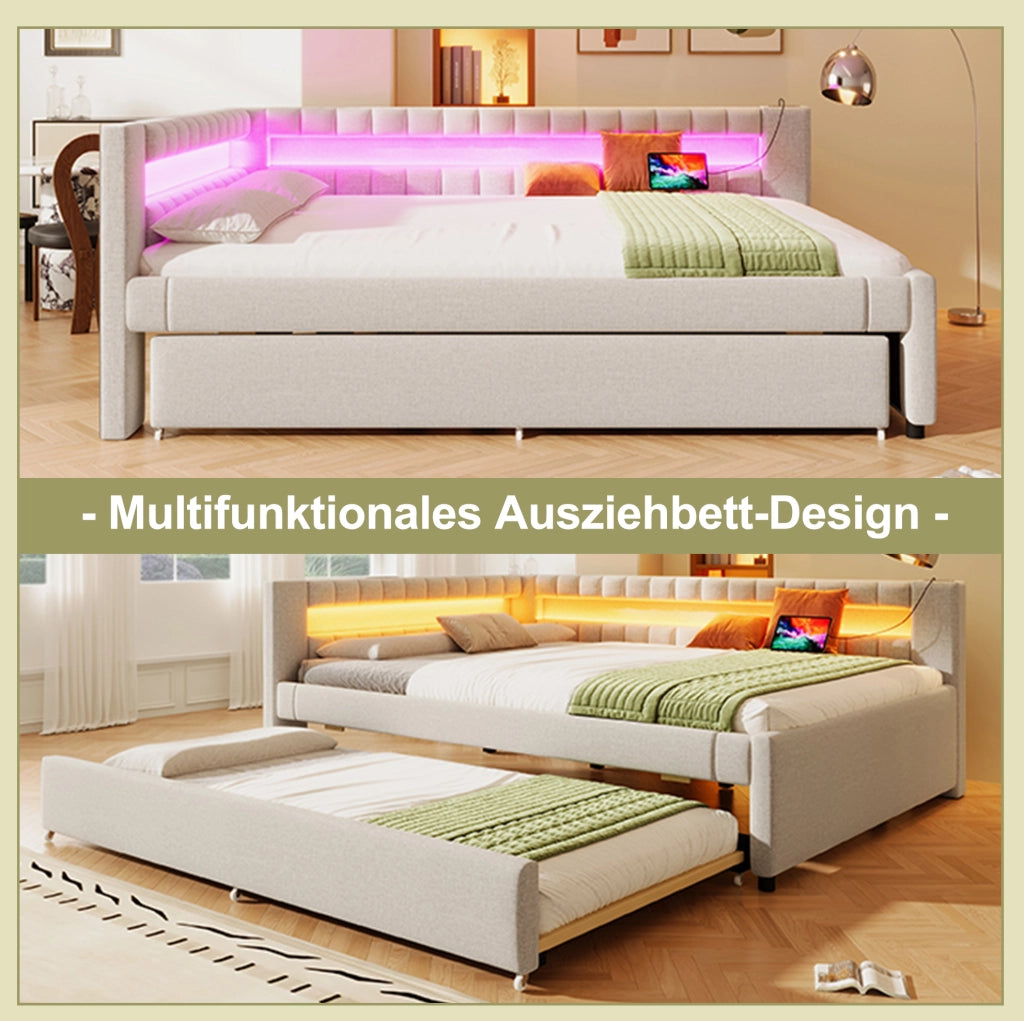 Letto daybed imbottito con LED, letto estraibile e porte USB + Type-C