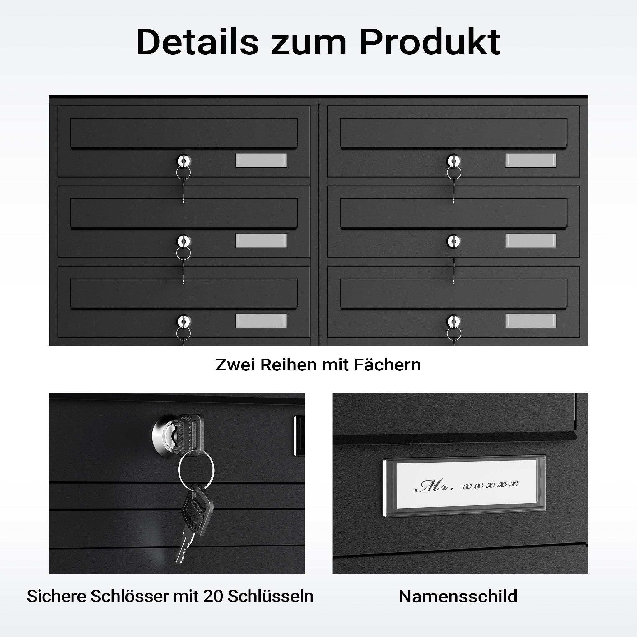 Cassetta postale condominiale autoportante, 10 posti, nero, 945 x 270 x 1500 mm 2 moduli