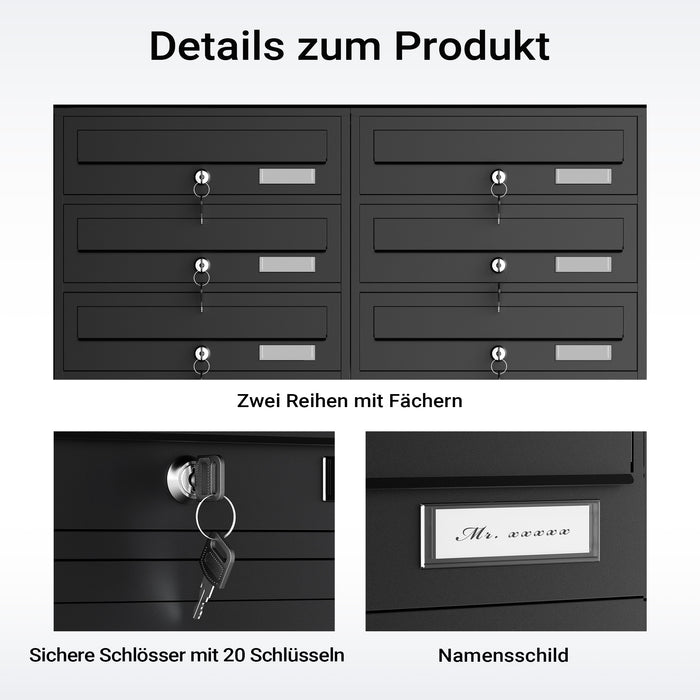 Cassetta postale condominiale autoportante, 10 posti, nero, 945 x 270 x 1500 mm 2 moduli