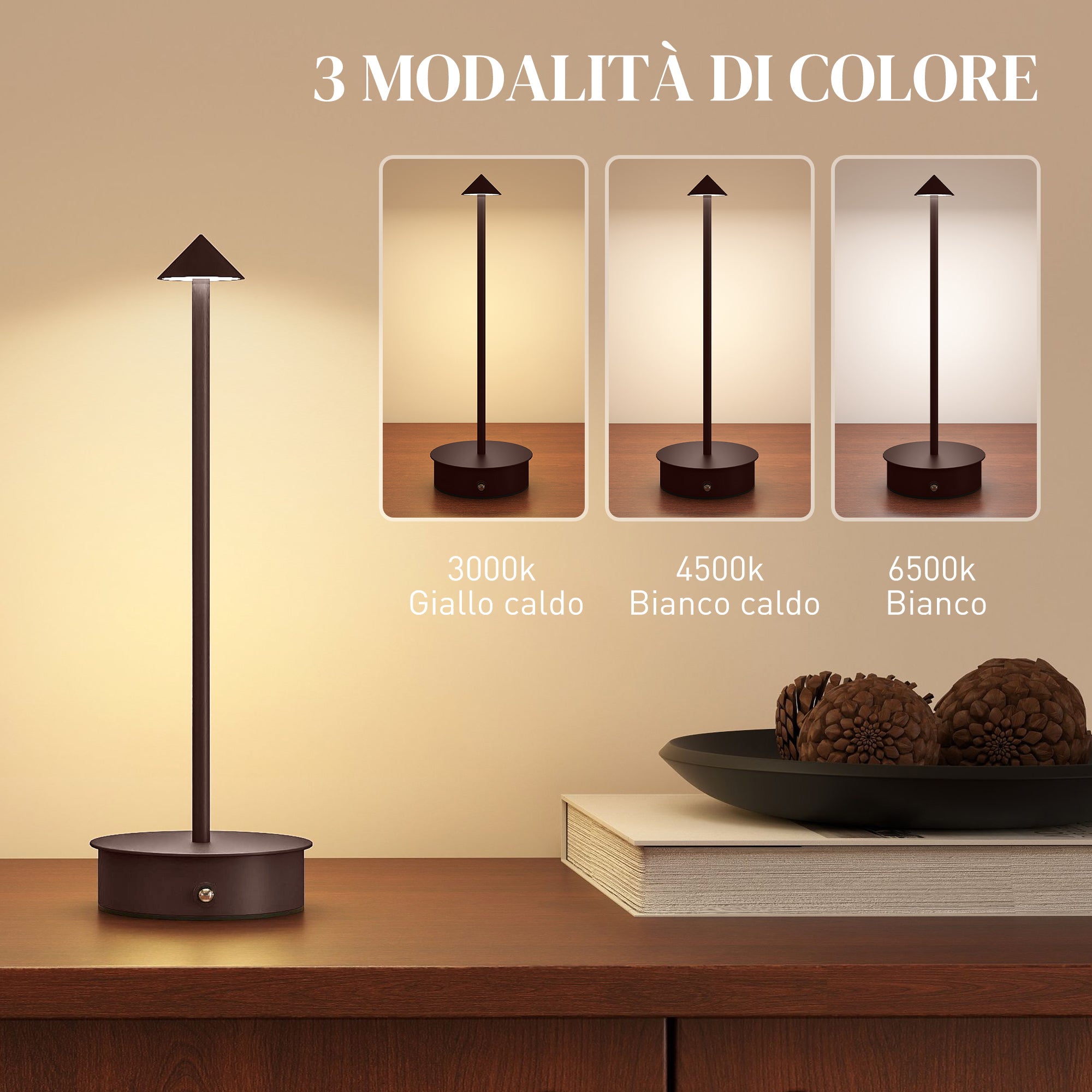Lampada da Tavolo Touch Luce Led 3 Tonalità Ricaricabile con USB in Acciaio Caffè