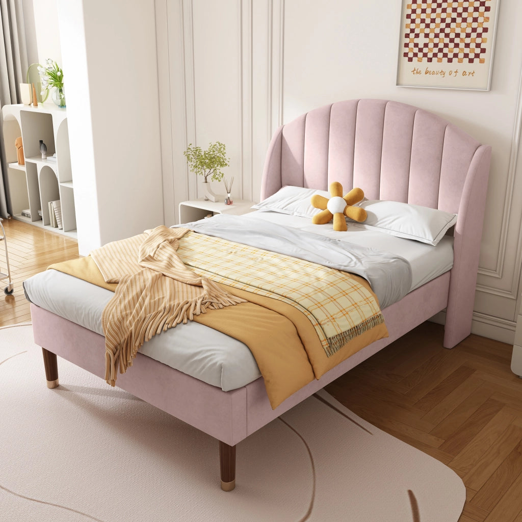 Letto imbottito 90x200 cm in velluto rosa con rete a doghe e testiera, struttura stabile, montaggio semplice