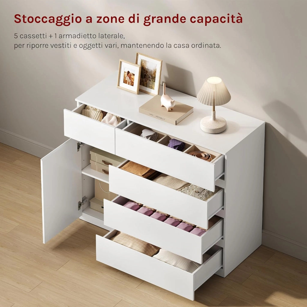 Cassettiera Camera da Letto, Mobiletto Salvaspazio con 5 Cassetti e 1 Armadietto, Ripiano Regolabile, per Soggiorno, Ingresso, 100x40x80 cm, Bianco