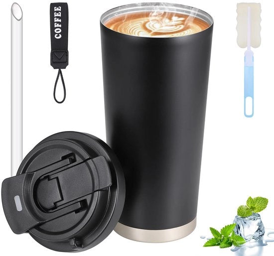 Bicchiere a Viaggio 530 ml - Caffettiera Portatile - Acciaio Inossidabile - Bicchiere Isolante per Viaggio - Per Bevande Calde/Fredde - Gomma di Sigillaggio in Silicone - Bicchiere Termos -