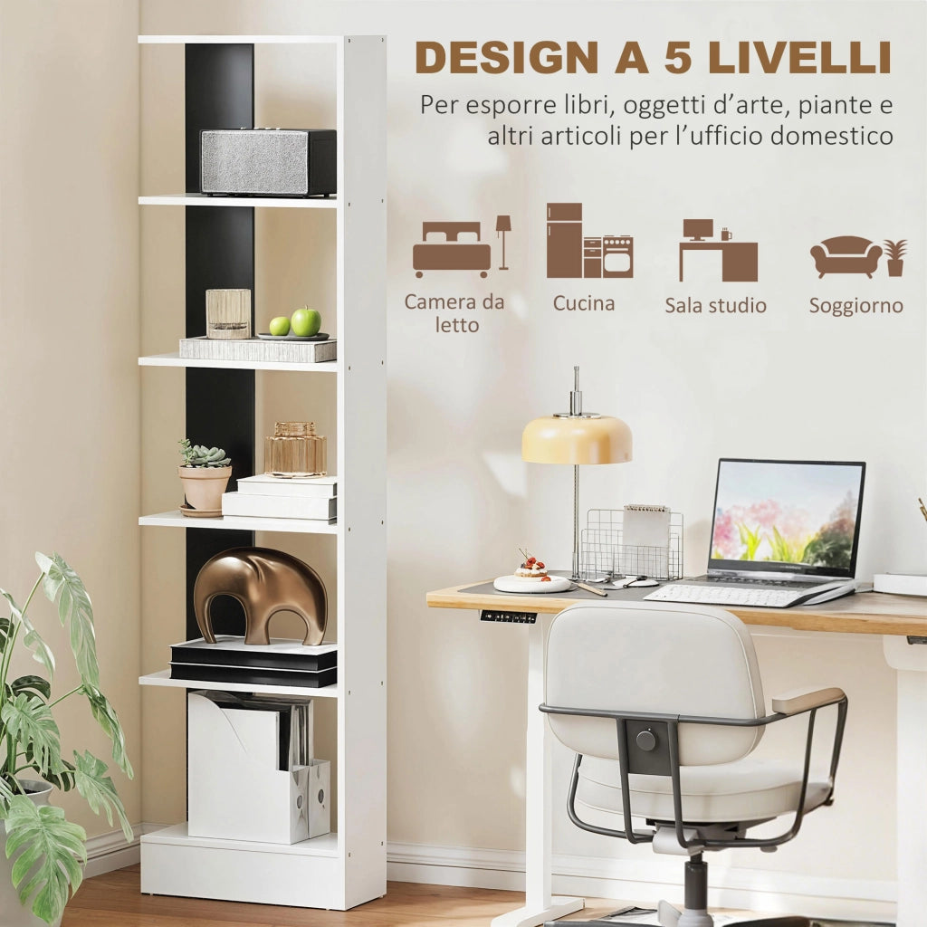 Libreria Moderna Salvaspazio 45x21x170 cm a 5 Ripiani in Legno Bianco e Nero