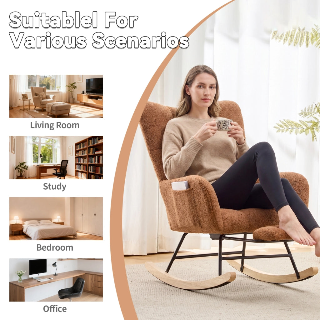 Poltrona a dondolo in tessuto teddy con schienale ergonomico e pouf, base in legno massello marrone