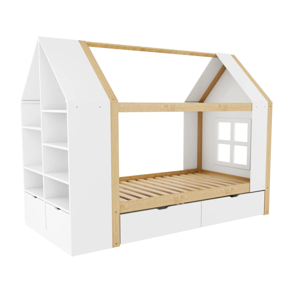 Letto a casetta per bambini 90 × 200 cm con 2 cassetti, LED e ripiani laterali, senza materasso, legno massiccio, bianco naturale