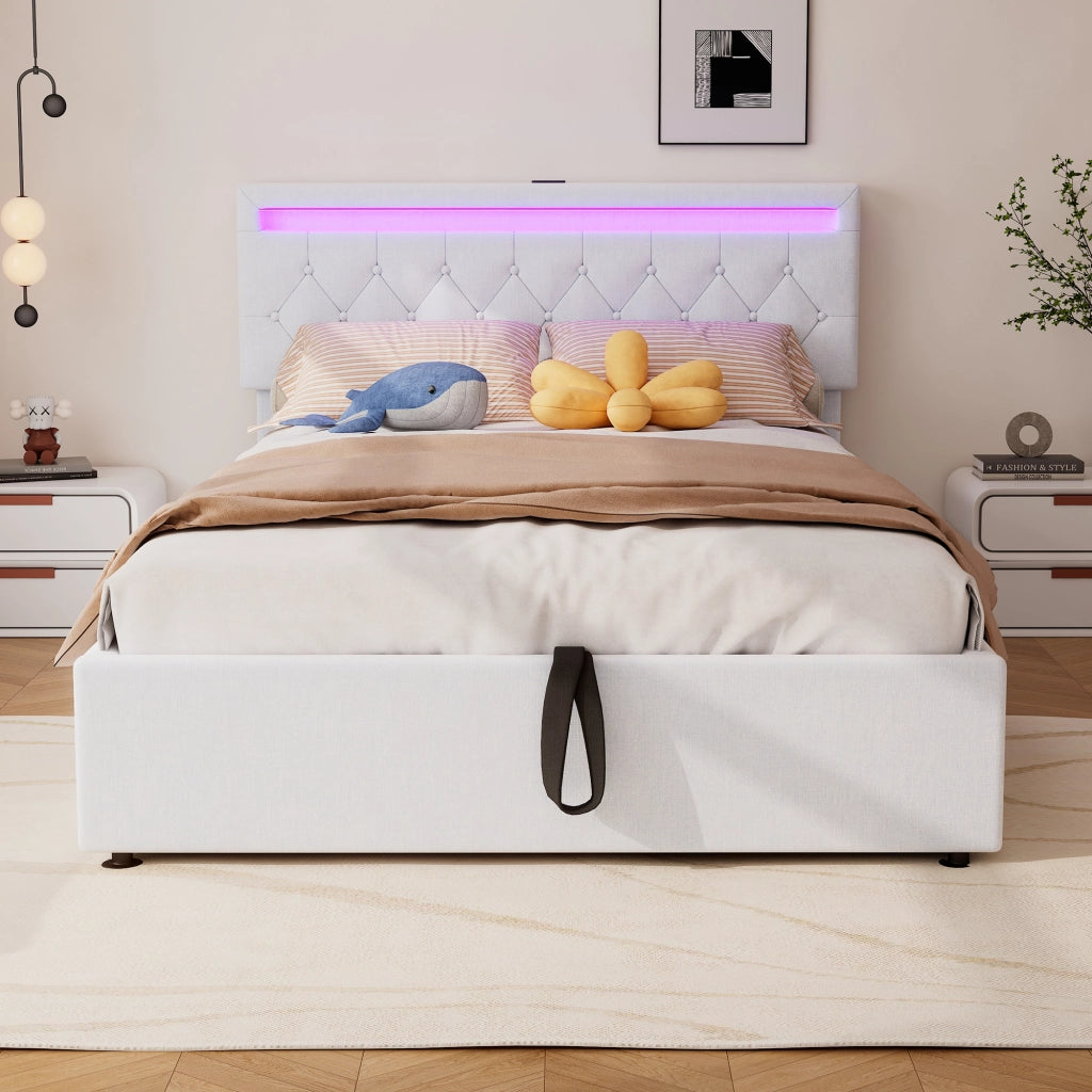 DESMIU Letto contenitore 140 × 200 cm 2 posti con LED regolabile, USB e Type-C, senza materasso, in lino, bianco