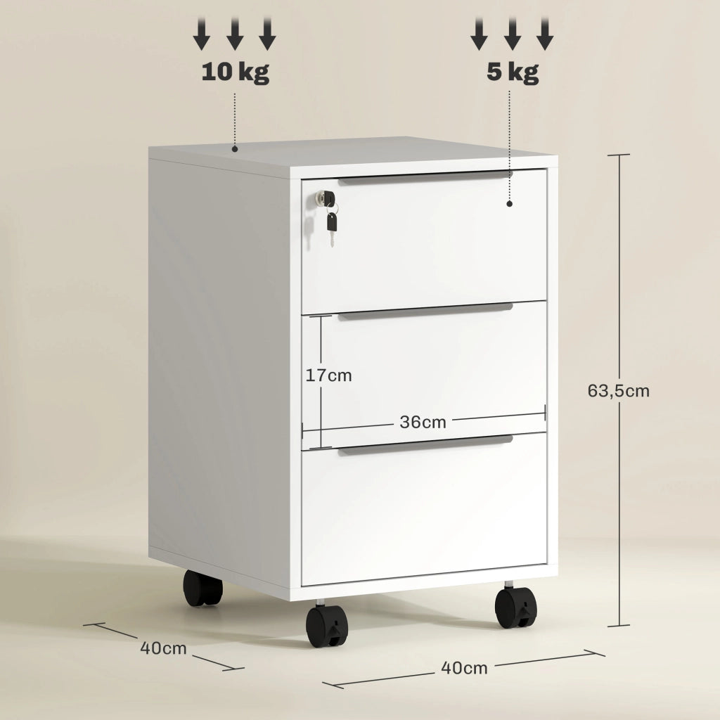 Scrivania a rotelle con 3 cassetti e serratura ¨C zephmum ¨C bianco 40x40x63.5 cm