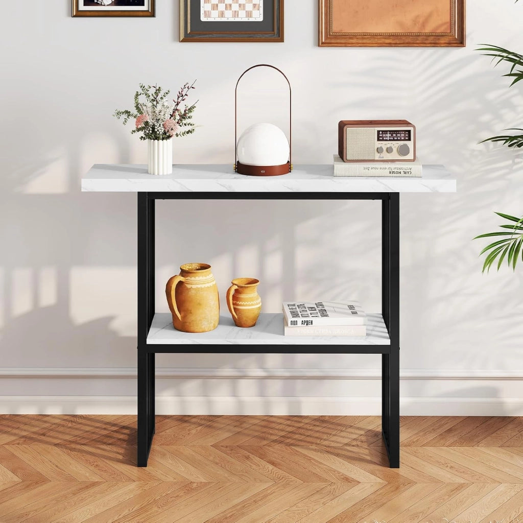 Tavolo Console da ingresso, 120 x 29,5 x 92,5 cm, piano in finto marmo e telaio in metallo, tavolino ausiliario con 2 ripiani, risparmio di spazio, tavolo da soggiorno, corridoio (bianco+nero)