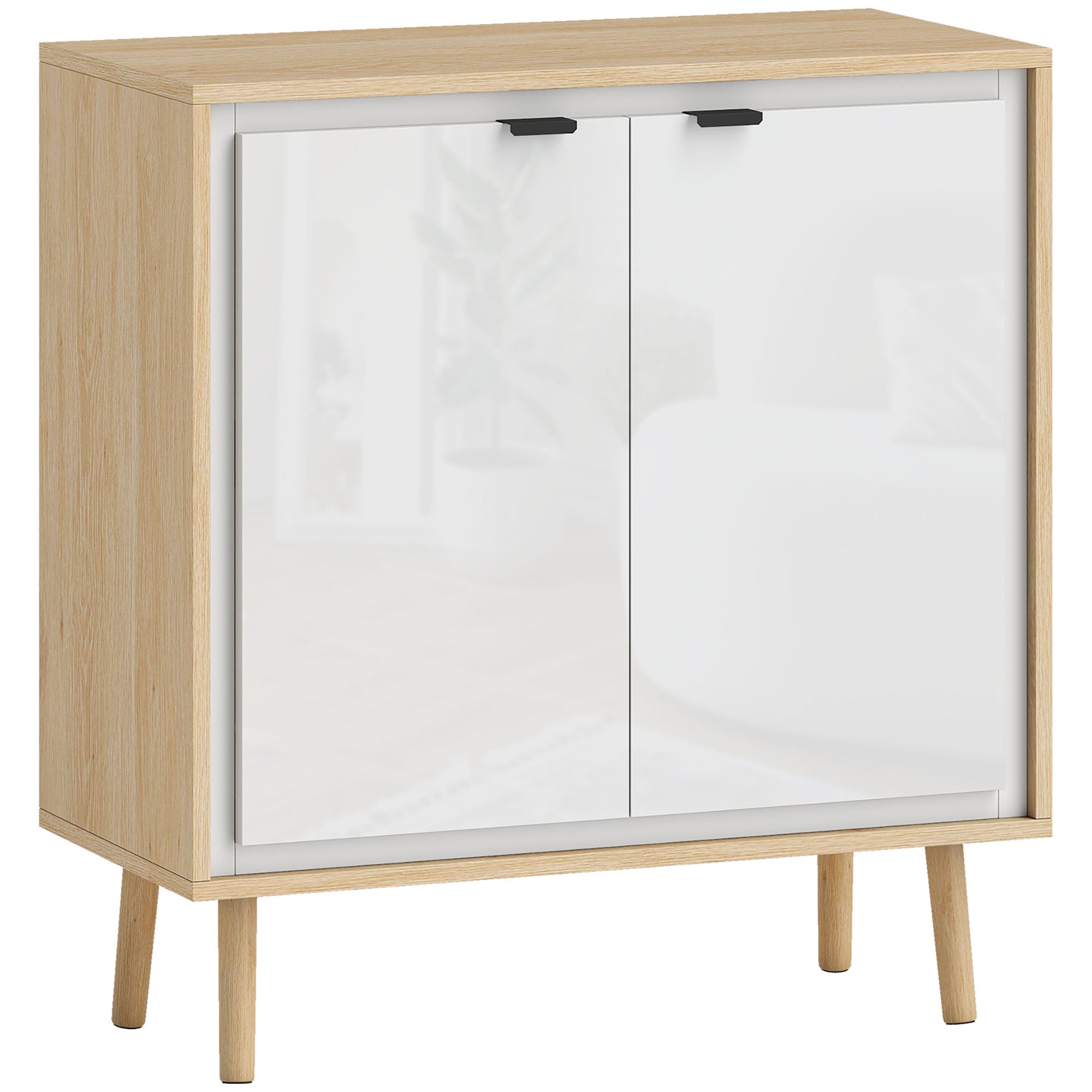 Credenza Moderna 72x35x77 cm a 2 Ante con Ripiano Regolabile Bianco Lucido e Rovere