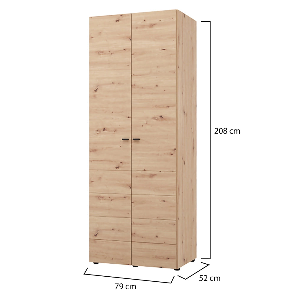 Armadio Camera da Letto Pomar, Guardaroba 2 Ante Appendiabiti, 79x208h cm Marrone Rovere Nodi