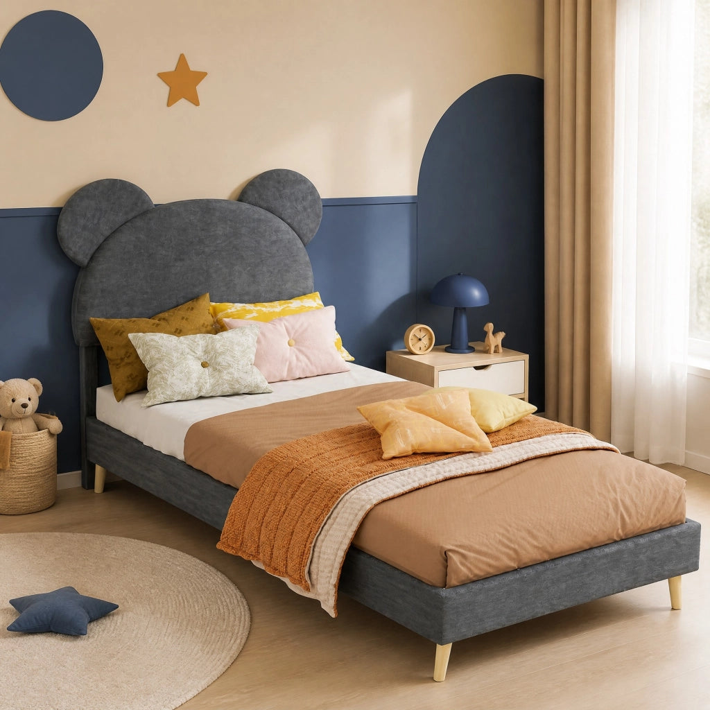 Letto imbottito singolo 90x200 cm con testiera decorativa e contenitore pneumatico; grigio
