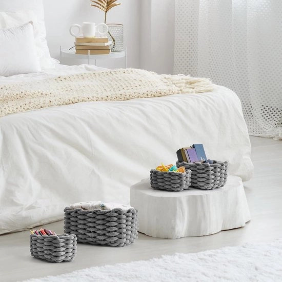 Set di 4 contenitori di stoccaggio intrecciati di corda di cotone - Contenitore di stoccaggio intrecciato - Contenitore di stoccaggio sovrappostibile per camera da letto dei bambini, soggiorno, bagno, grigio.