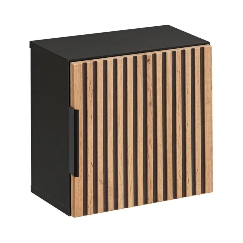 Cassettiera da muro KINOKO – 1 anta – Finitura doghe in legno naturale e nero – L35 × P22 × H35 cm – Da appendere
