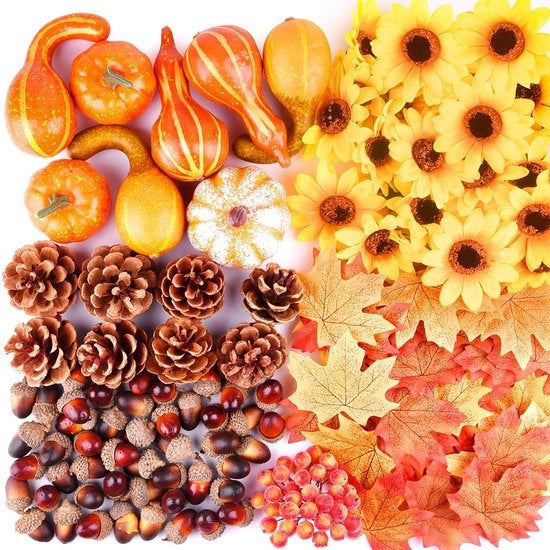 Set di decorazioni 156 pezzi - Pompelmi artificiali/Denappi - Foglie di autunno/Noci - Zinnie finte/More - Decorazione da festa - Materiale duraturo