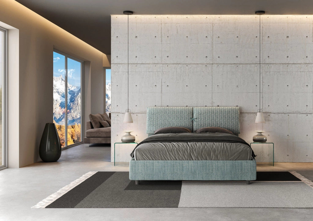 Letto Matrimoniale 160x210 cm con Rete e Contenitore con Testata e Alzata Comoda Imbottito in Tessuto Aragona Mados