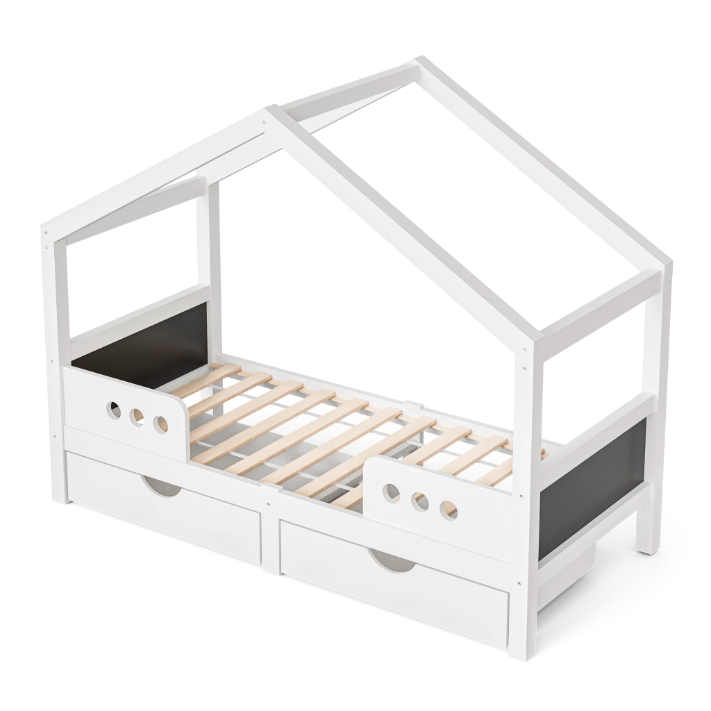 Lettino per bambini con tetto; 2 cassetti e lavagna; 90x200 cm; bianco