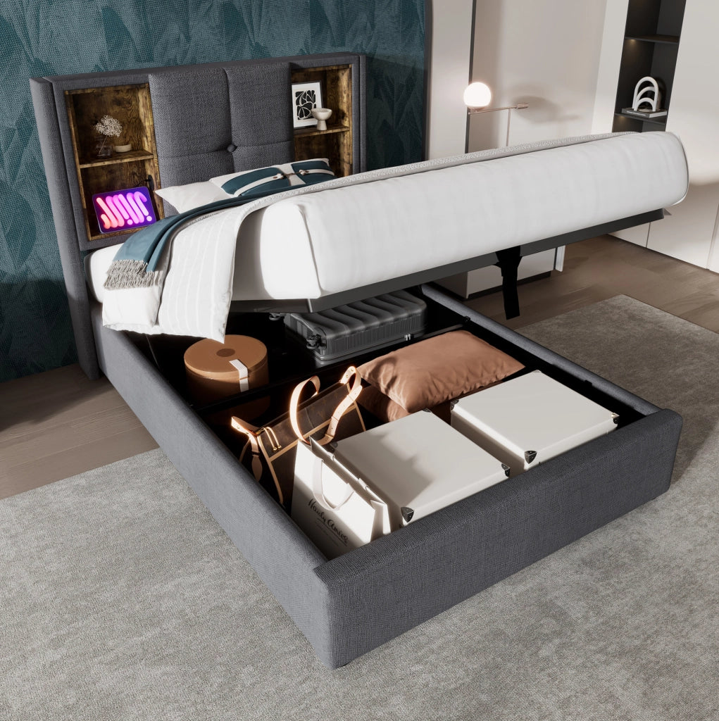 Letto imbottito 90x200 cm con ricarica wireless; USB e Type-C; contenitore; cotone grigio