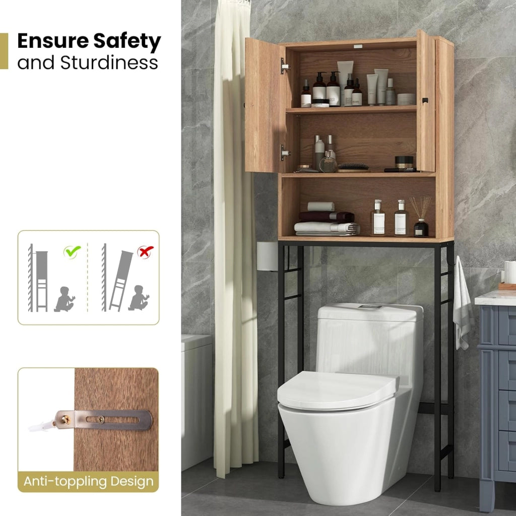 Armadio per Stoccaggio Sopra il WC, Organizzatore da Bagno con Armadietto a Doppia Porta, Scomparto Aperto, Mensola Regolabile a 5 Livelli e Barra Inferiore Regolabile (Naturale)