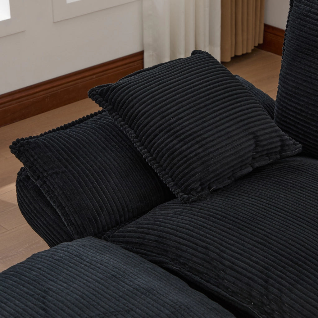Divano Dritto 2 Posti con Pouf USB-C e Tasche Laterali in Corduroy Nero