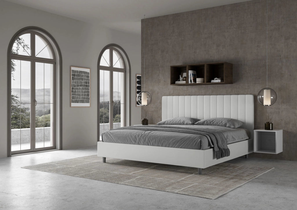 Letto Matrimoniale King Size 180x200 cm con Rete e Contenitore Imbottito in Similpelle Agueda Bianco