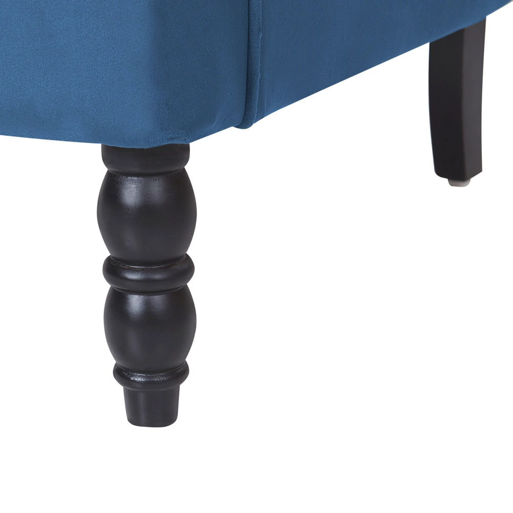 Poltrona con Poggiapiedi Tessuto Velluto Blu Gambe in Legno Stile Wingback