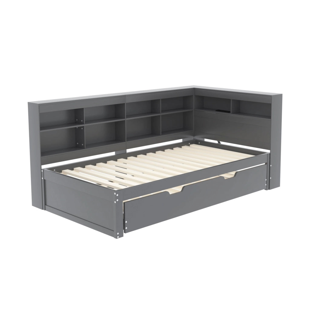 OKWISH Letto a Divanetto 90×200 cm, Letto Singolo con Letto Estraibile 90×190 cm, USB, Vani Contenitore e Mensole, senza Materasso, Grigio