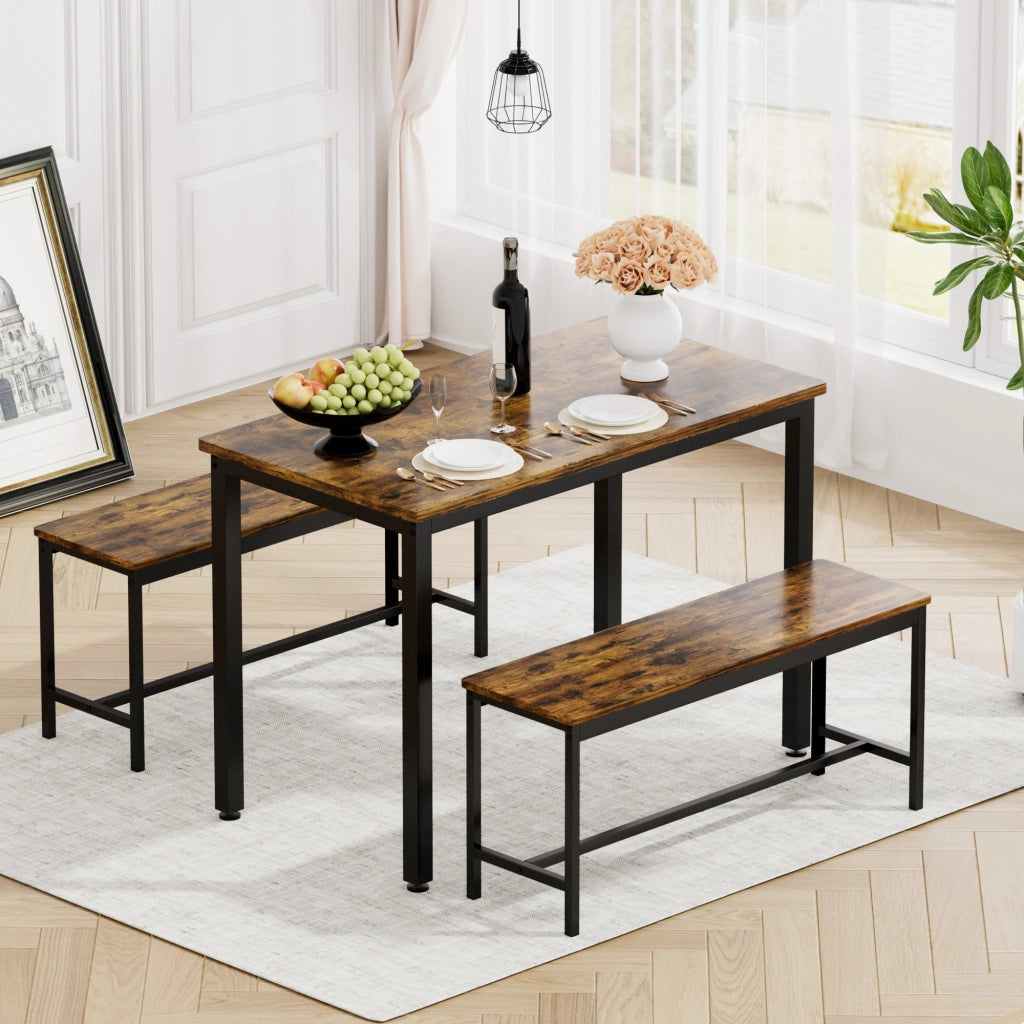 Tavolo da pranzo per 4 persone con 2 panche, stile industriale, per cucina e soggiorno, 110 × 60 × 75 cm