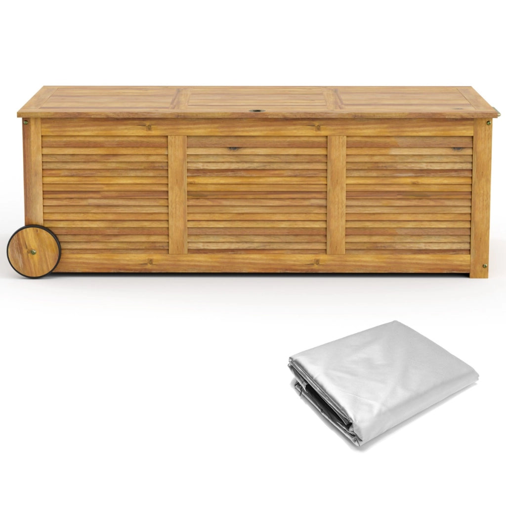 Baule da giardino in legno acacia 182L con 2 ruote borsa interna impermeabile, Contenitore da esterno 127x50x45cm-Casette da giardino