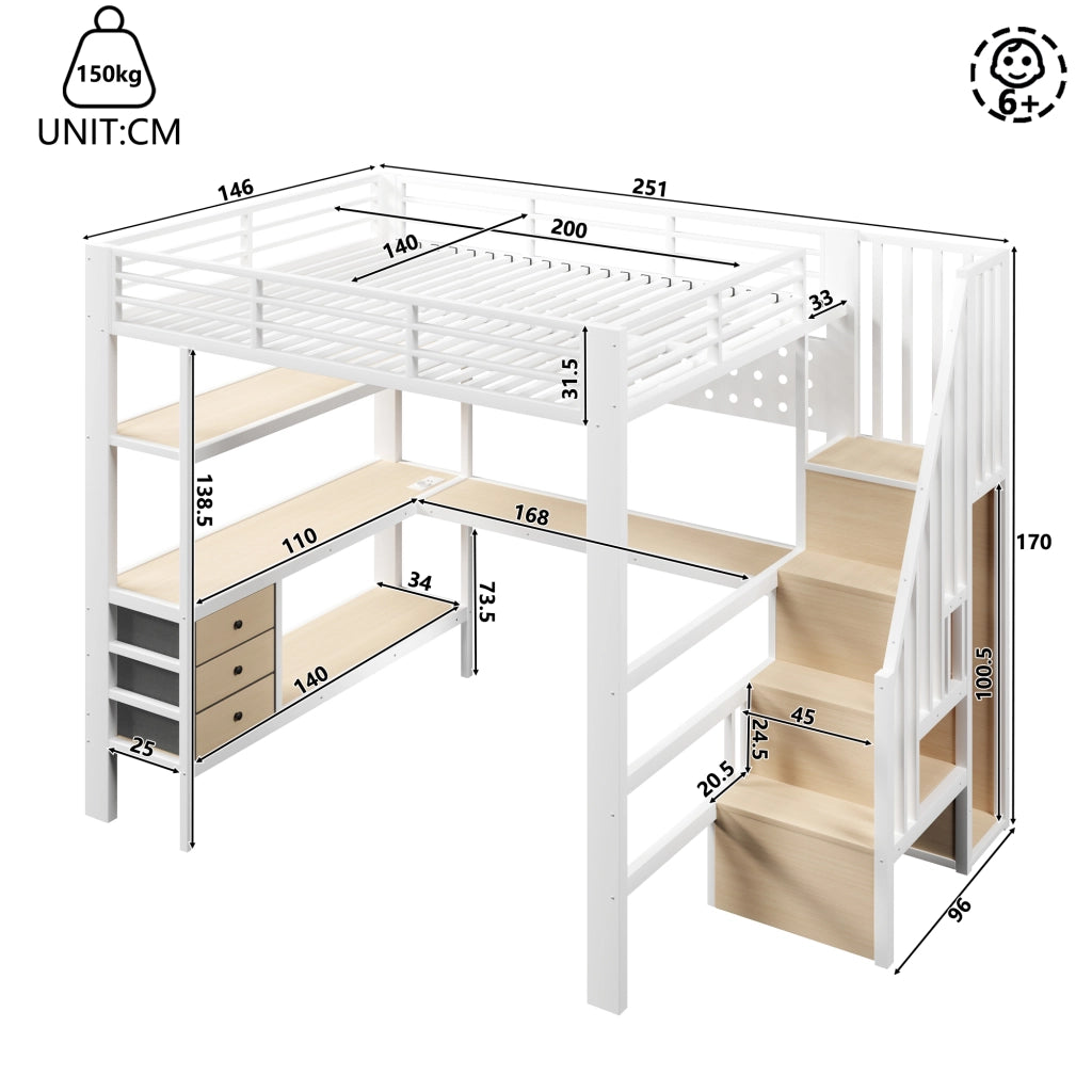 Letto a soppalco matrimoniale 140×200 cm con scrivania; 3 cassetti; ripiani; presa e LED; senza materasso; bianco