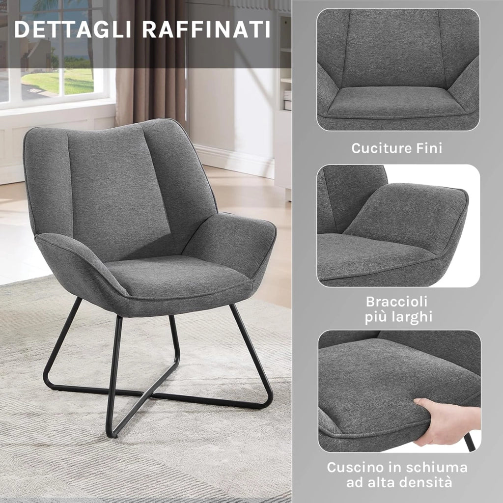 Poltroncina Camera da Letto, Poltrone Salotto, in Lino, con Gambe in Metallo, Portata 150 kg, Grigio Scuro