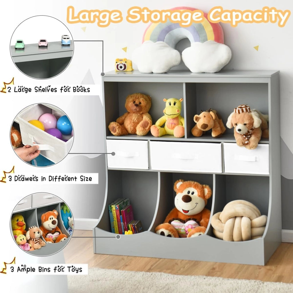Mobile portaoggetti multiuso per libri e giocattoli, armadietti di 2 diverse dimensioni, armadio per bambini, libreria aperta con 3 cassetti, 93 x 40 x 94 cm (grigio) (QF53080PAFR)
