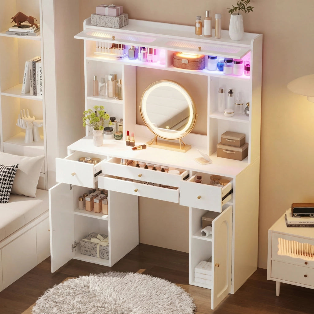 Tavolo da trucco con specchio rotondo, illuminazione LED, 4 cassetti, 4 vani aperti, 2 armadietti e 2 ante in vetro, bianco, 120¡Á40¡Á160 cm