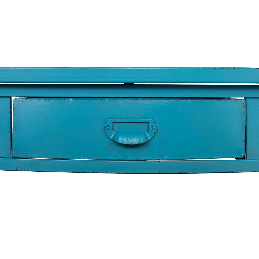 Console in metallo con 1 cassetto blu invecchiato 120x44x80